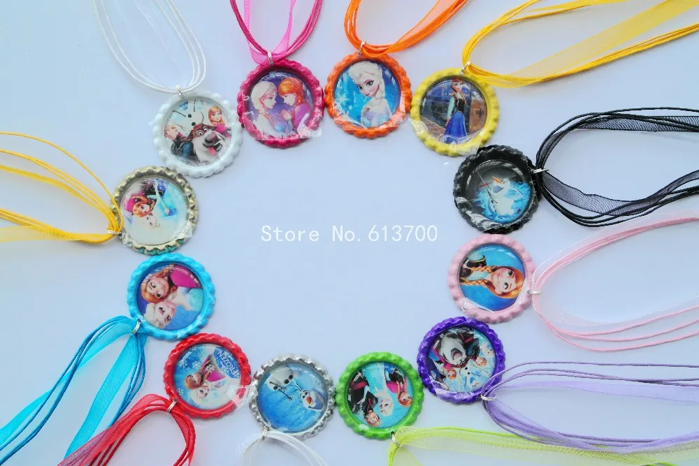 

New 2015 Wholesale 45cm Elsa & Anna Necklace Ribbon Chain Necklace Princess Elsa Bottle Cap Charm Pendants Necklace 20pcs