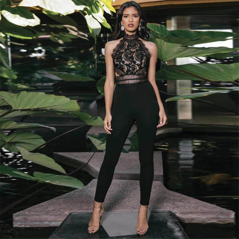 

New Fashion Black Lace Jumpsuit High Quality Rayon Bodyocn Sleeveless Backless Sexy Evening Party Bandage Jumpsuits Dropshipping