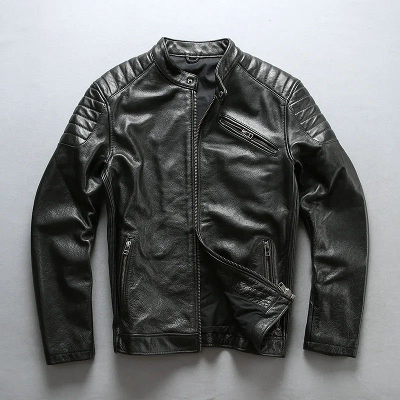 New Mens Black Genuine Leather Bomber Jacket Flight Coat Motorcycle Biker Riding