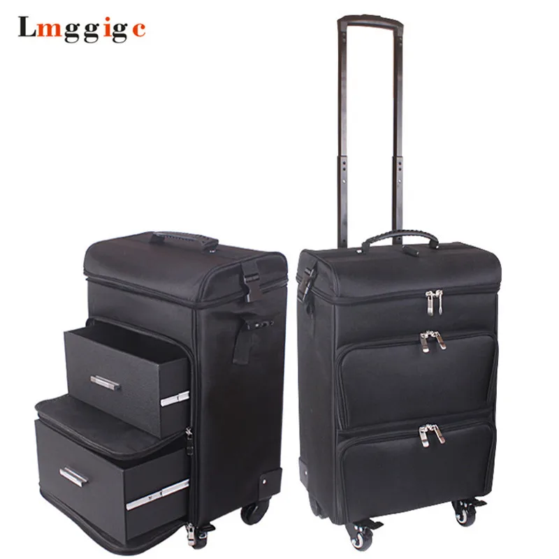 

Rolling Cosmetic Bags,Canvas+PVC Nails Makeup Toolbox Suitcase bag,Multi-layer Luggage,Trolley Case with Wheel,Beauty Box Travel