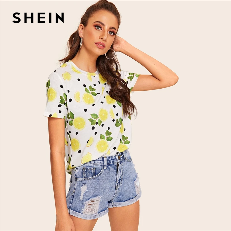 

SHEIN Lemon And Polka-dot Fruit And Vegetable Print Tee 2019 Spring Summer Short Sleeve Round Neck Modern Lady Women Top Tees