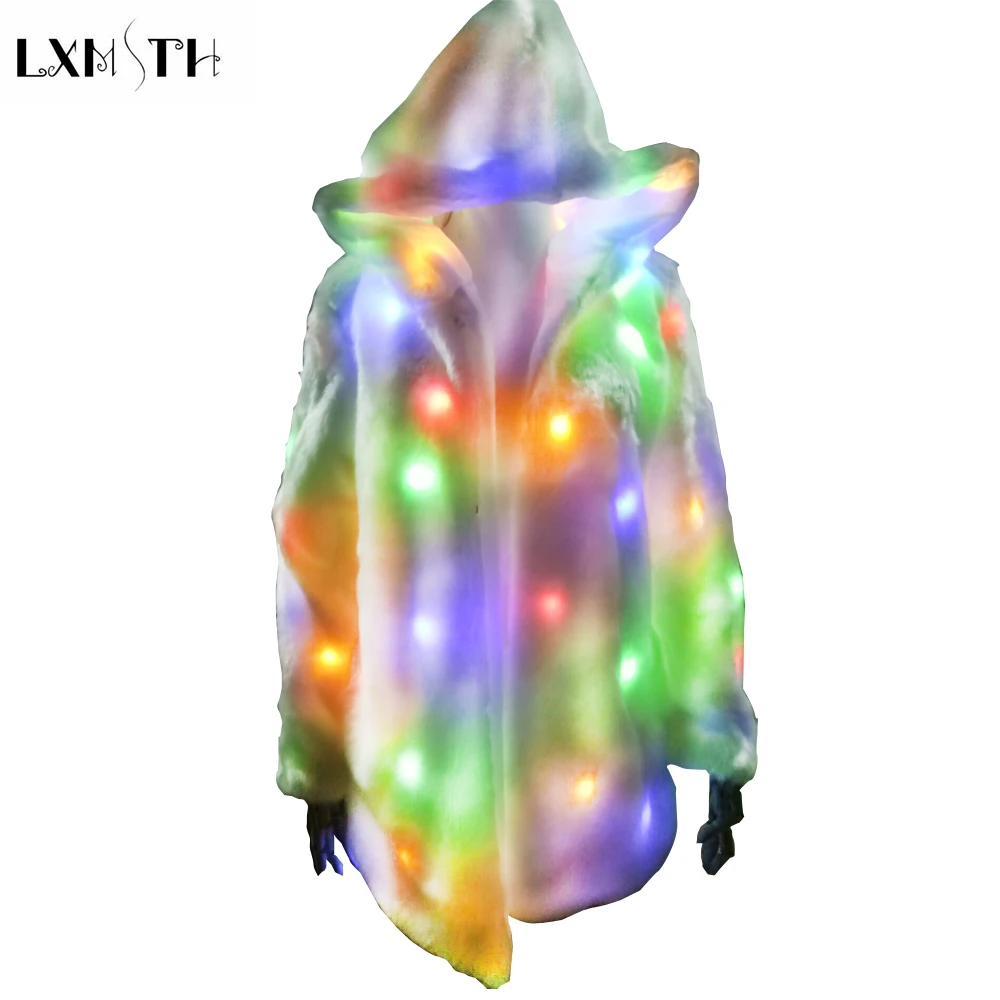 

LXMSTH 2019 New Fashion Faux Fur Coat with LED Luminous Light Jacket Thick Warm Far Long Party Wear Dance Show Coats with Hooded