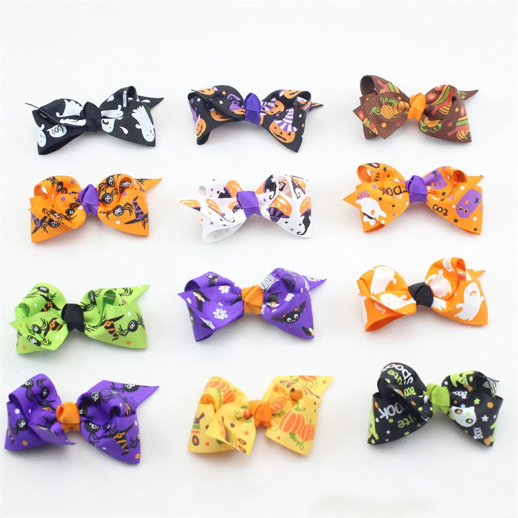 

10pc New Halloween Pumpkin Ghost Spider Bat Cartoon Ribbon Hairbow Clips Baby girls Hairpin Boutique Children hair accessories