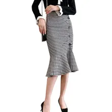 Шерхуре Осенняя Женская трикотажная облегающая клетчатая юбка с высокой талией, сексуальная женская Юбка-миди с оборками Faldas Jupe Femme Saia