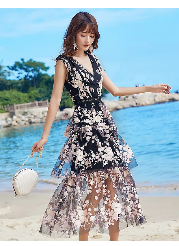 Лето Высокое качество Автопортрет Подиум Desgher Платье женское без рукавов Сетка цветочные блестки вышивка вечернее платье с оборками