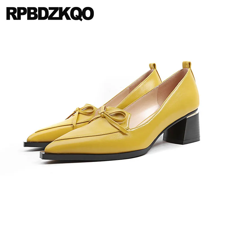 

Size 4 34 Pointed Toe Block Luxury Brand Women Shoes 2018 Fashion Bow Medium Heels Top Quality Runway High Genuine Leather