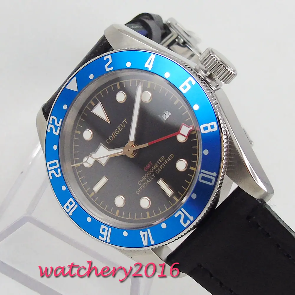 

41mm Corgeut Black Dial Sapphire Glass GMT Date Deployment Steel Case LUME Top Brand mechanical Automatic movement men's Watch