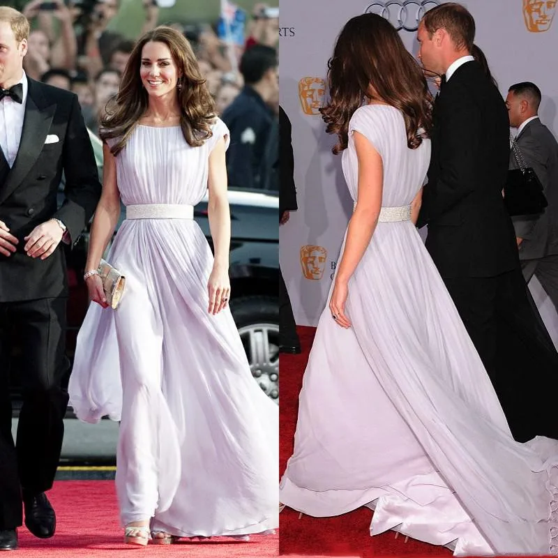 Newest Red Carpet Dresses Kate Lavender A Line Scoop Short Sleeve Sweep Train Sash Chiffon Evening Prom Dresses EM01268