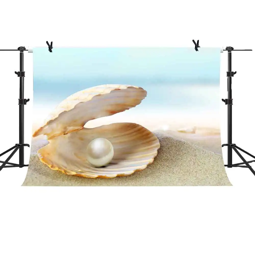 

MTMETY Photography Backdrop Summer Beach Background Shell Pearls for Vacation Photography Vinyl Photo Studio Props