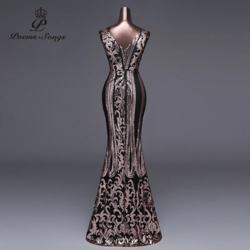 Günstige Gedichte Songs 2019 Neue Doppel V Lange Abendkleid vestido de festa Sexy Backless Luxus Gold Pailletten formale partei kleid prom kleider