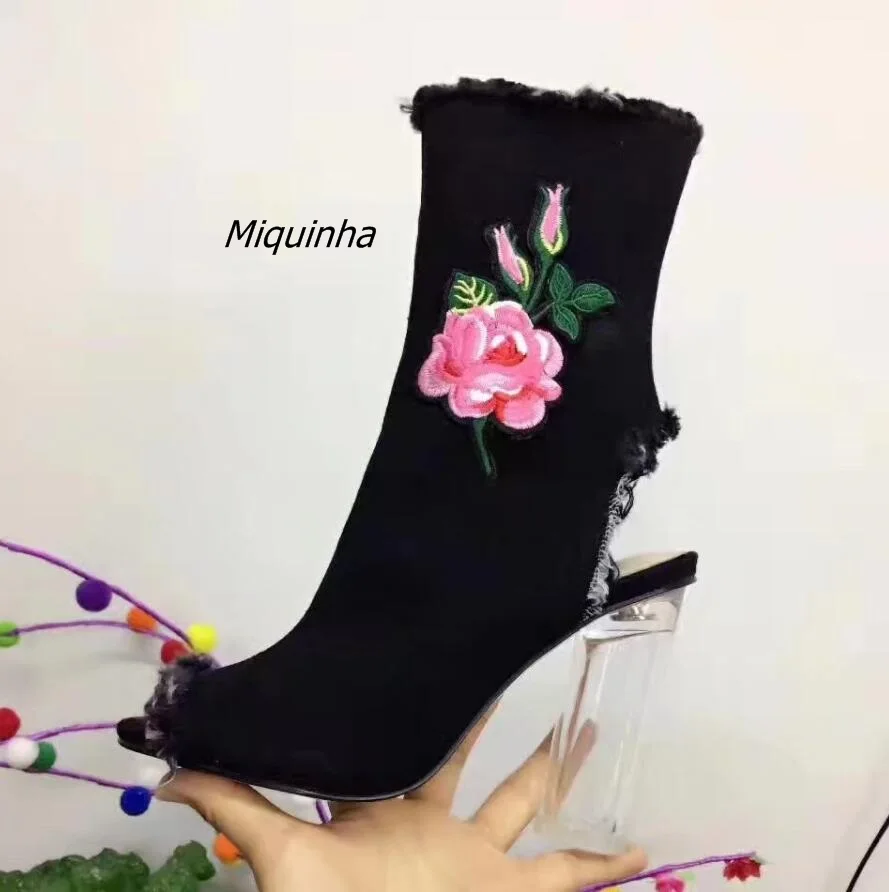 

Fancy Flowers Embroidery Clear Block Heel Sandal Booties Sexy Black Canvas Slingback Transparent Heel Shoes Summer Ankle Boots