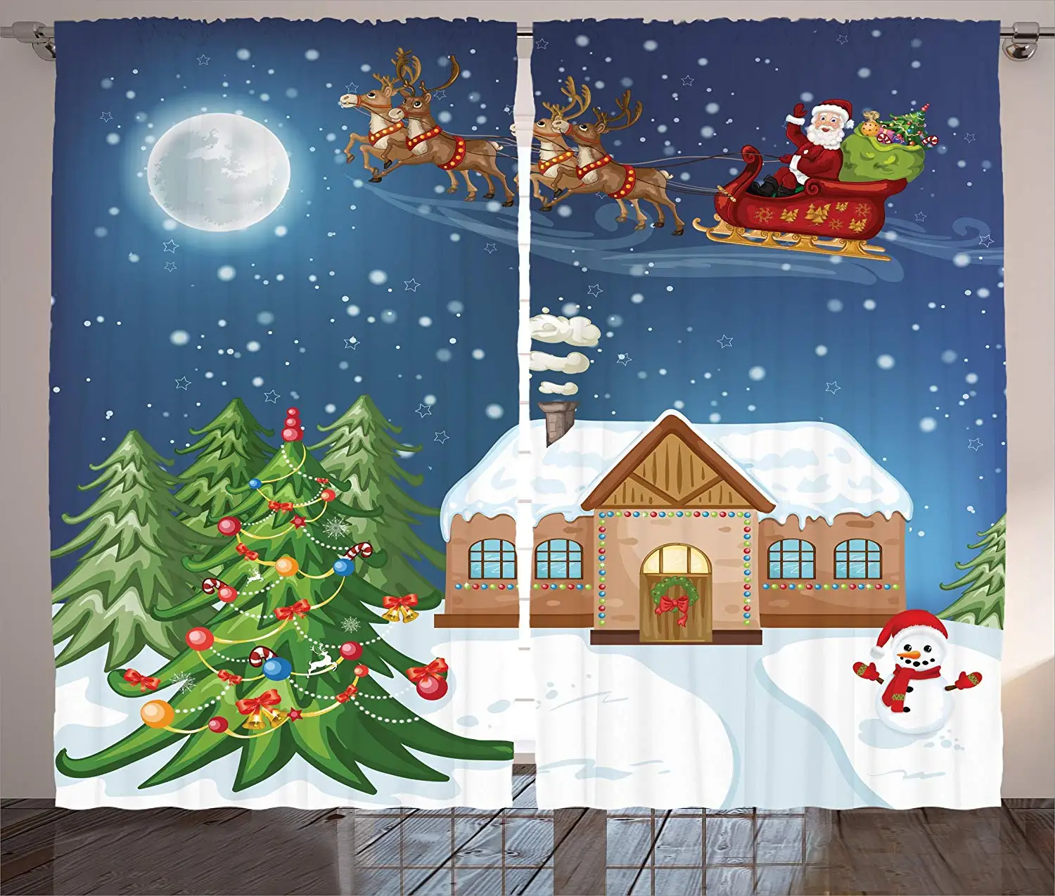 

Christmas Curtains Classical Xmas Scenery Santa Delivering Presents with Rudolf Nosed Reindeer Living Room Bedroom Window Drapes