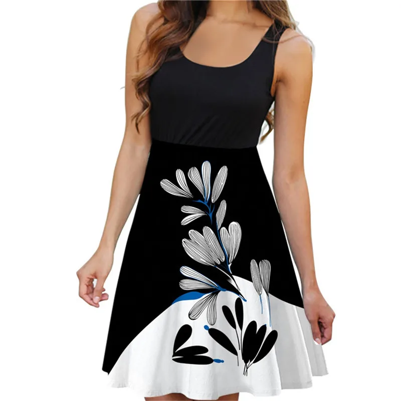 

Summer Dress Women Casual Sleveless Print Casual Beach Vintage Fashion Lady Short Mini Dress Fashion New Casual O-Neck Dress