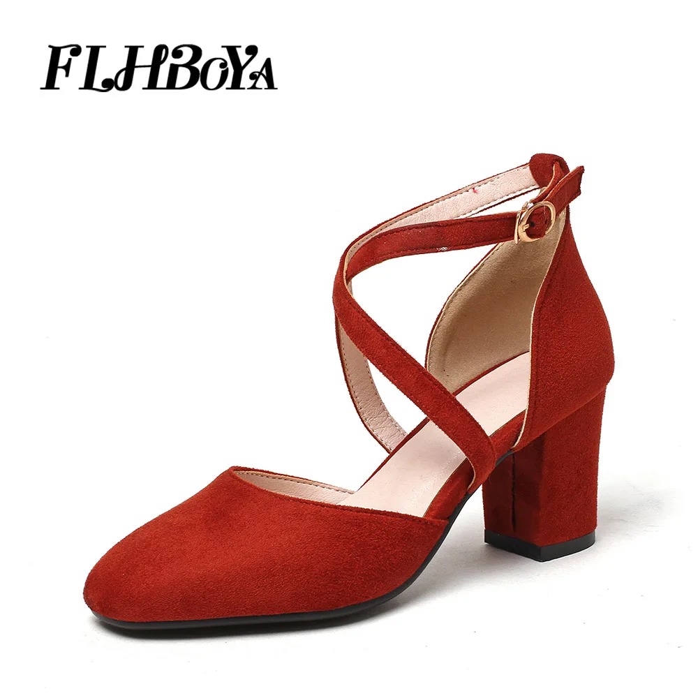 

Women Summer Fashion Cross strap Square Heel Sandals Shoes Black Red High Block Heels Round Toe Nubuck Leather Sweet Lady Pumps