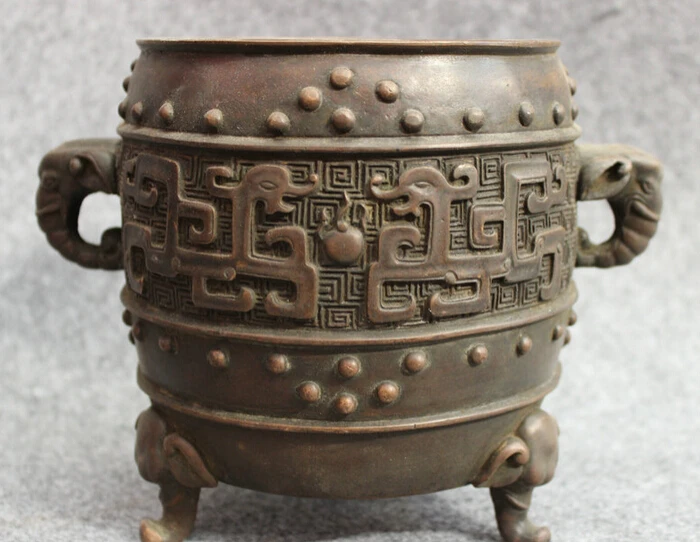 

song voge gem S3551 8" Folk Chinese Purple Bronze Elephant Head Statue Jar Incense Burner Censer