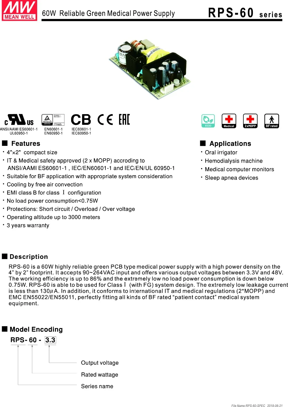 Meanwell RPS-60 AC/DC одиночный выход зеленый PCB тип медицинский источник питания 60W 3,3 V/10A 5 V/10A 12 V/5A 15 V/4A 24 V/2.5A 48 V/1.25A