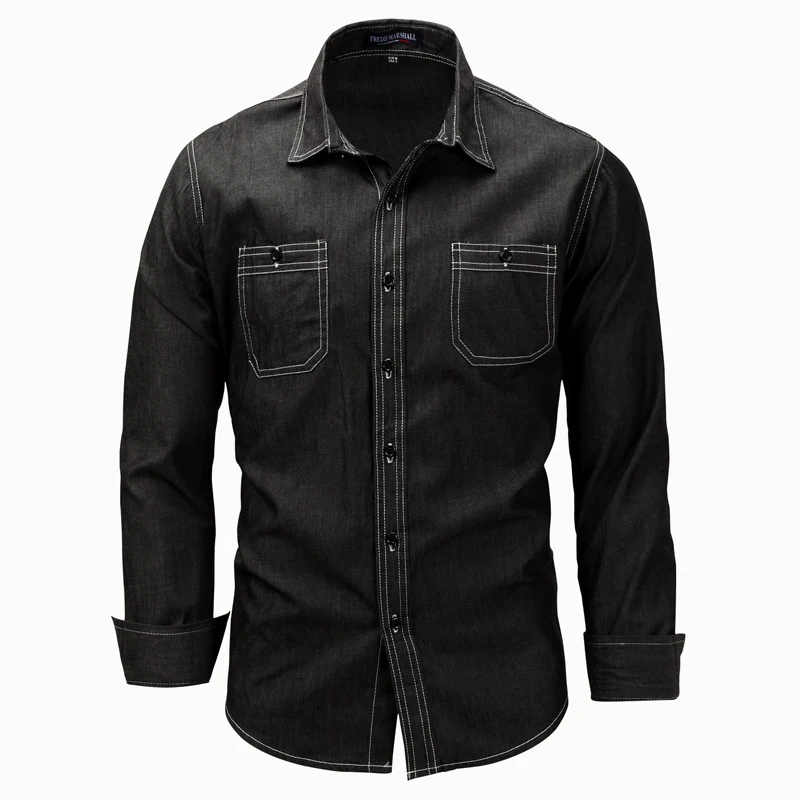 Male 100 Cotton Long Sleeve Turn down Collar Jeans Black Blue Shirt