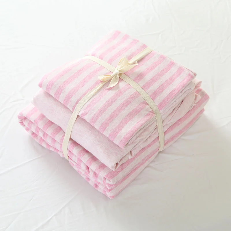 4pcs 100 Cotton pink stripe duvet cover set Nice Quality Jersey Knit