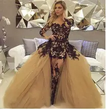 Sexy Scoop Bodenlangen Tüll Mit Schwarz Appliques Langes Kleid Mit Abnehmbarem Rock Robe De Soiree Longue