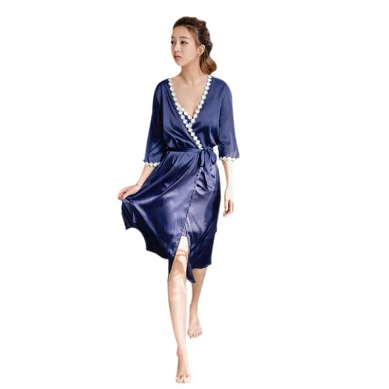 

2017 Autumn Womens Clothing Two Pieces Women's Bathrobe + nightgown Female Lace Flower Satin Silk Robe Femme