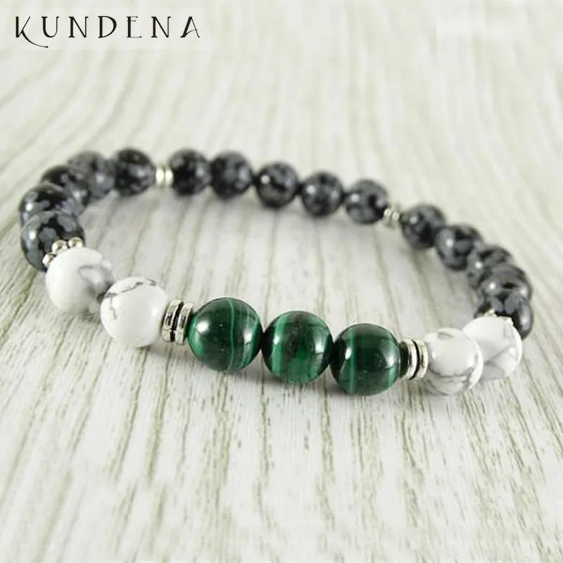 Natural Stone Mala Bracelet for Men Malachite & Howlite Snowflake Stone