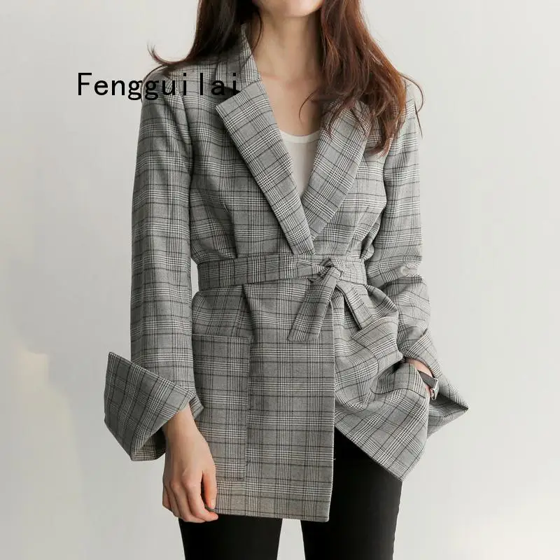 2019 Spring Autumn Women Gray Plaid Office Lady Blazer Fashion Bow Sashes Split Sleeve Jackets Elegant Work Blazers Feminino | Женская