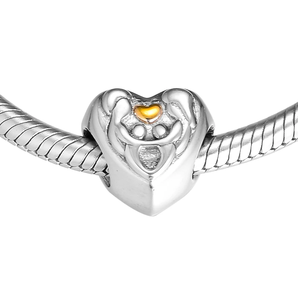 Подходит для Pandora Braclets сердце Семейные Подвески с 14 K настоящее золото серебряные бусины 925 пробы