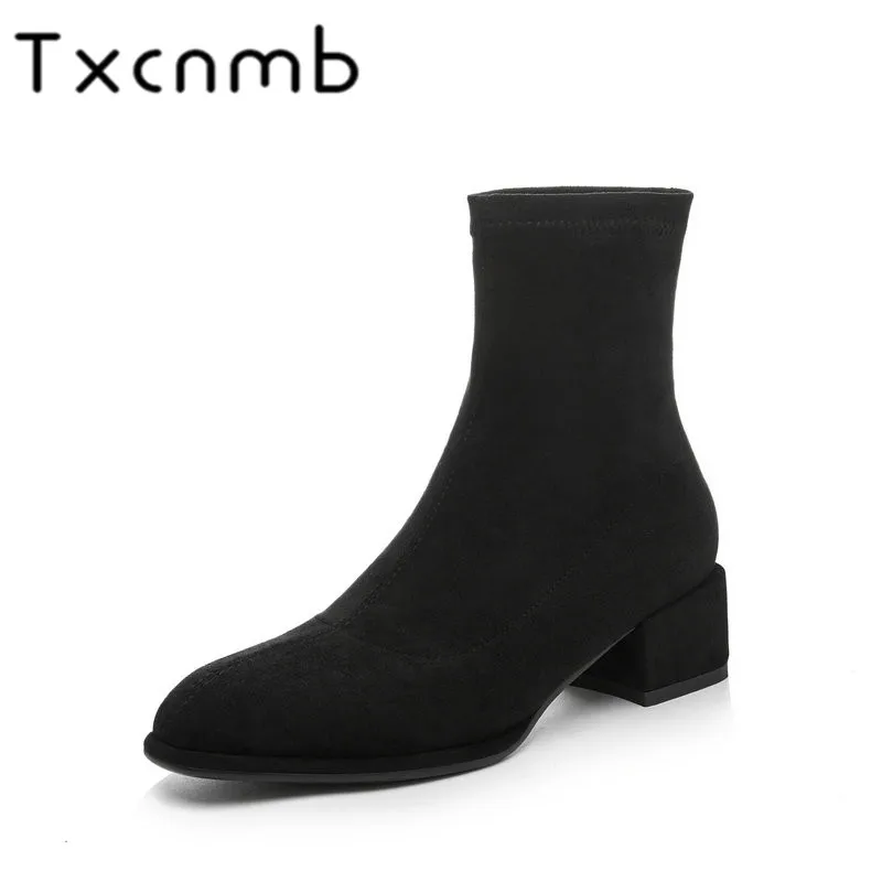 

TXCNMB 2019 Boots Women Ankle Boots for Women Winter Suede Leather Square Heel Shoes Woman Black Gray Slip-on Size 39
