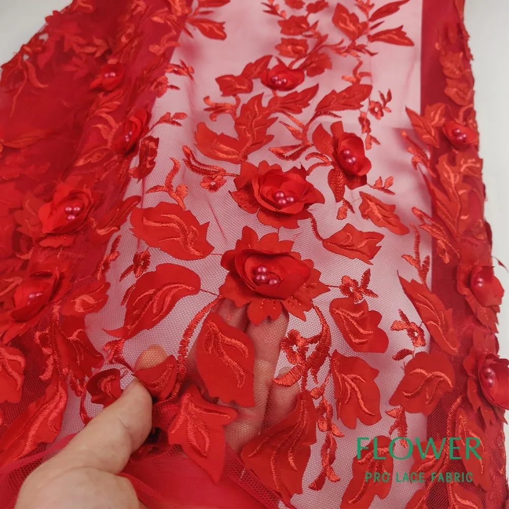 Новейший Красный Цвет 3D африканская кружевная ткань с бисером высокого качества нигерийские гипюровые кружева для свадебного платья Королевское кружево