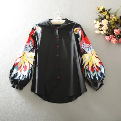 Spring and Summer Cotton Causal Shirts Embroidered Long-sleeved Shirts Woman Full Button Print O-Neck lantern Sleeve Tops - Цвет: black