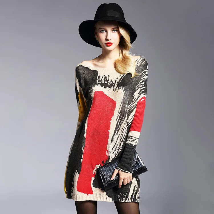2019 Новая мода Большой Размеры Для женщин зимние свитера Повседневное свободные печатных вязаный свитер длинный рукав "летучая мышь"