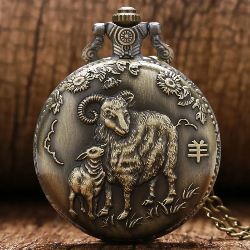 

Steampunk Bronze Sheep Zodiac Quartz Pocket Watch Men Women Necklace Pendant Gift P407