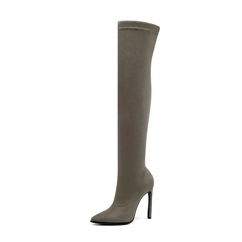 QUTAA г. Зимние женские сапоги выше колена обувь без застежки на высоком каблуке из эластичной ткани женские высокие сапоги с острым носком размеры 34-43 - Цвет: Khaki