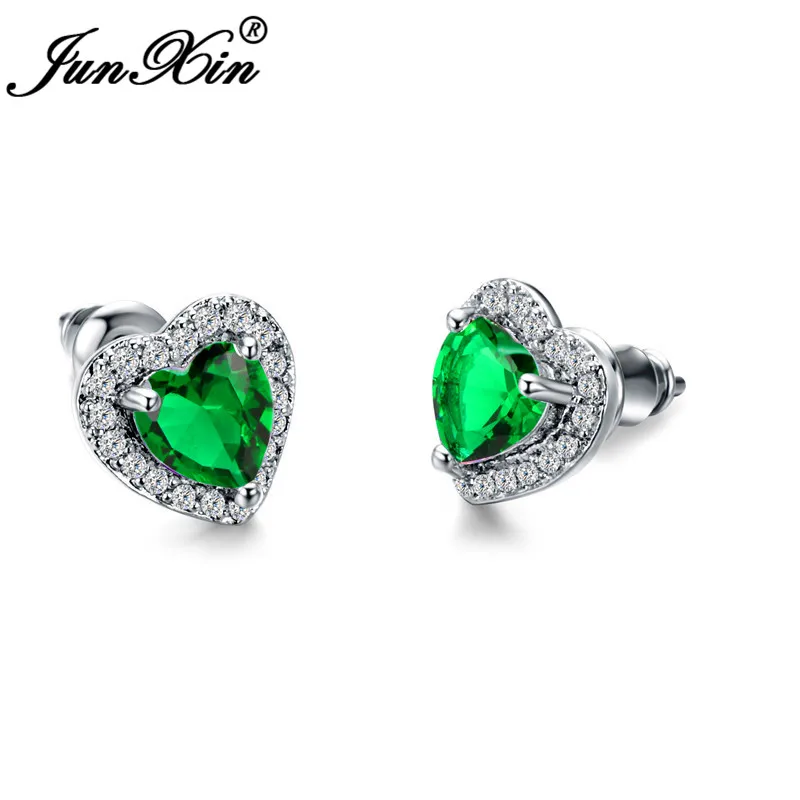 JUNXIN женский кристалл сердце серьги стержня для Для женщин серебро 925 Розовое золото Цветные черные и белые сине-зеленый огненный опал серьги - Окраска металла: Silver Green