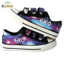 JUP Hand Painted Flat Canvas Shoes for Children Kids Boys Girls Stars Sky Effect Cartoon Cat Fish Dog Hook & Loop Footwear