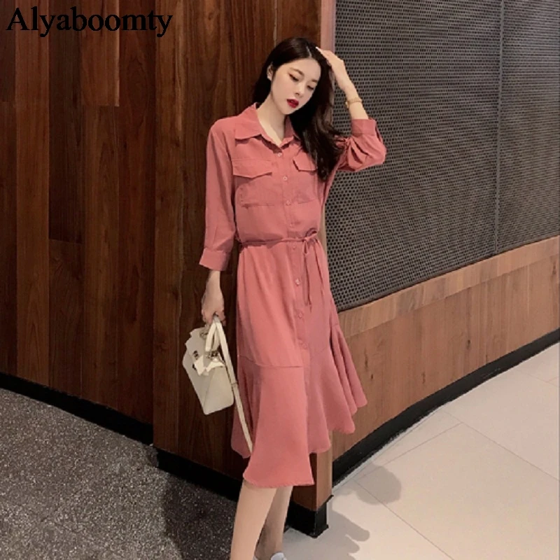 

Korean Chic Autumn Spring Women Shirt Dress Ulzzang Turn-Down Collar Oversized Elegant Midi Dress Lace Up Black Trumpet Dresses