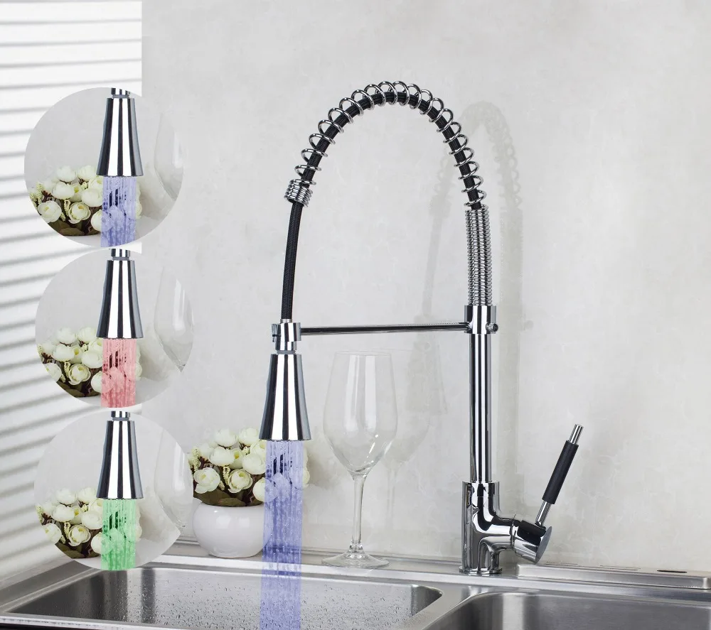 LED Colors Changing 540mm 8538 2 Chrome Kitchen Pull Out Down Brass Swivel Vessel Sink Mixer Tap