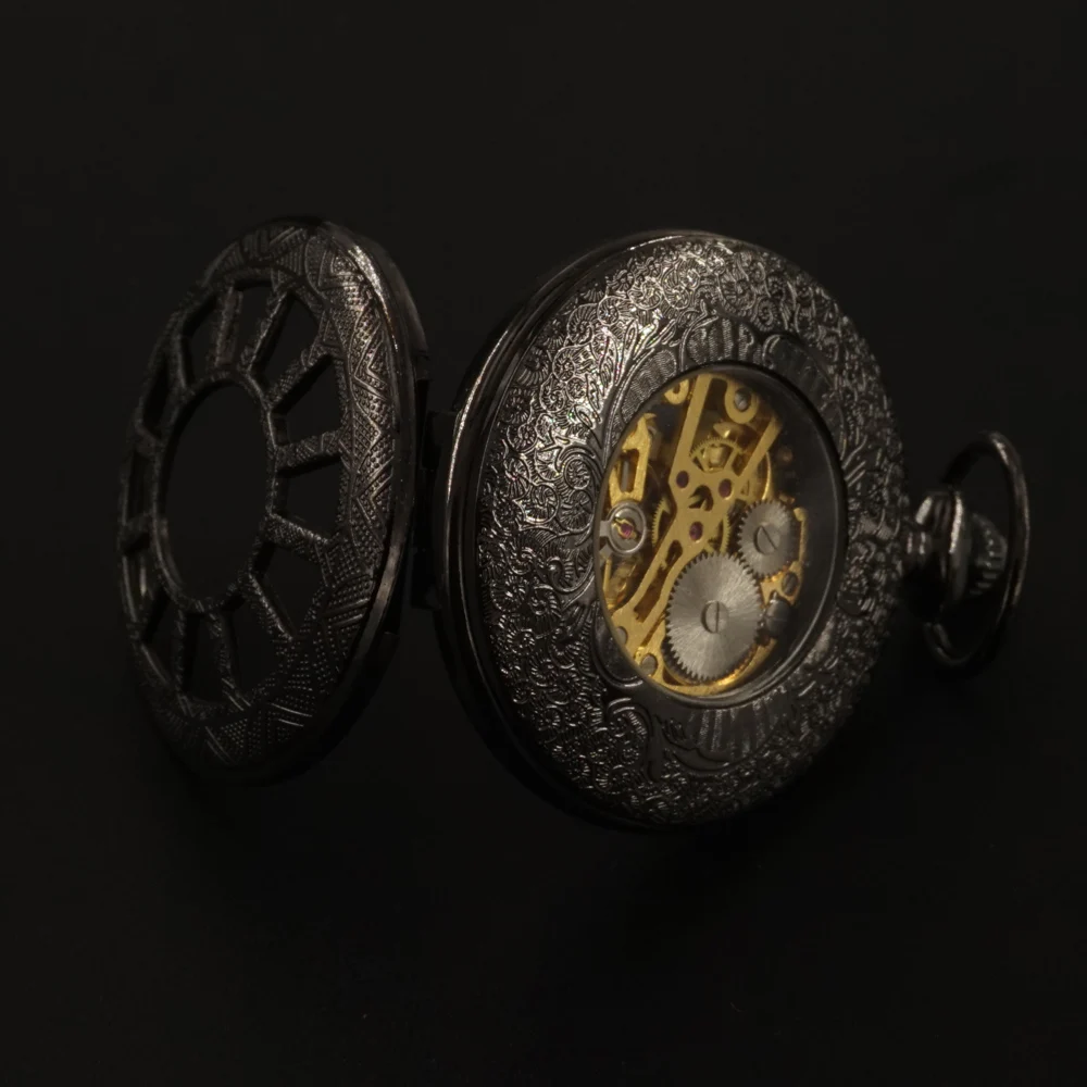 Мужские черные римские цифры Механические карманные часы брелок цепочка Подарочная коробка ручной Ветер полые стимпанк карманные часы