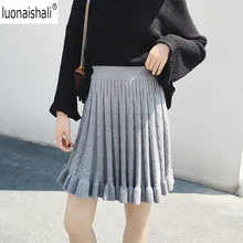 Женский большой подол плиссированная мини-юбка Осень Зима вязаная юбка однотонный цвет стрейч Высокая талия тягучие юбки
