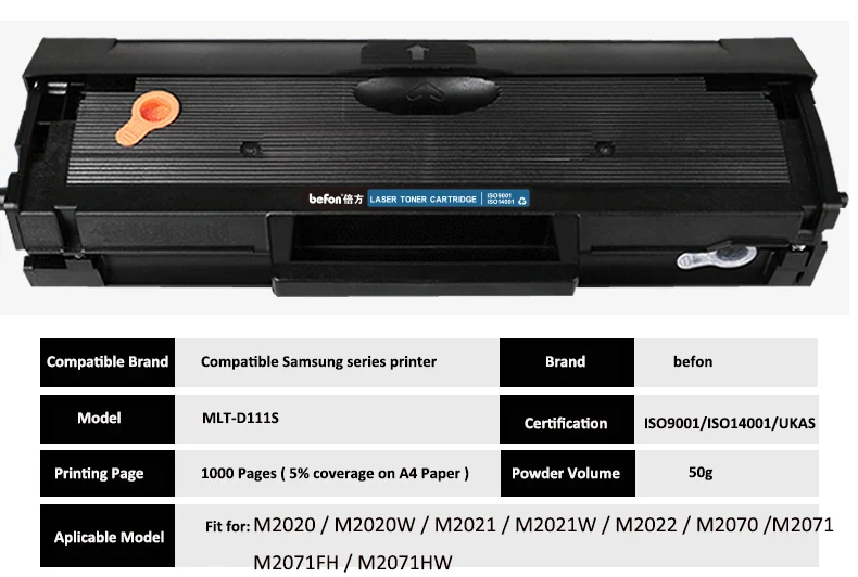 Compatível para Samsung Cartucho de Toner Befon Preto Recheio Cartucho Mlt-d111s Ml111 111 s M2020 2022 w 2070 Impressora D111s 7 samsung MLT-D111S ml111 111 111 s cartucho
