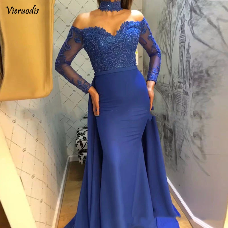 5-1     Royal Blue Chiffon Sweetheart Mermaid Evening Dresses 2019 Long Sleeves Lace Islamic Dubai Saudi Arabic Long Formal Evening Gown