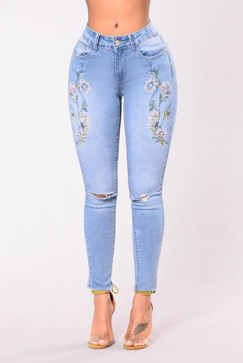 Джинсы с цветочной вышивкой Женские Флористический с высокой талией обтягивающие тонкие длинные джинсы узкие брюки голубые рваные, Стретч джинсовые брюки