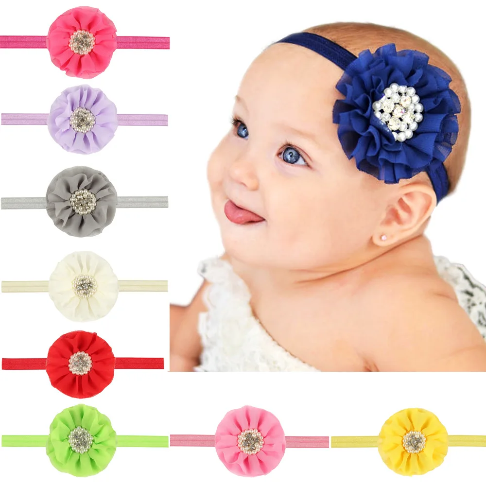 

Baby Girls Flower Headbands Chiffon Flower With Pearl And Rhinestone Elastic Headbands For Baby Hair Accessories Headwear 1pc