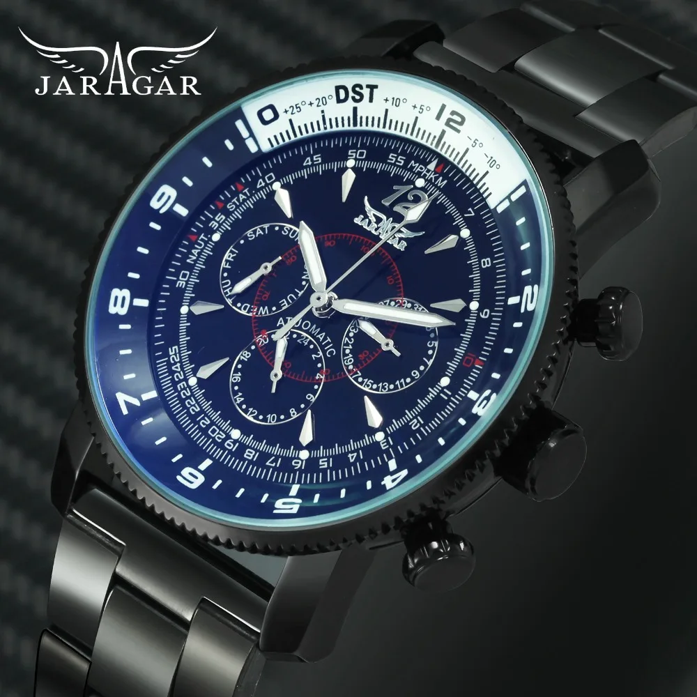 

JARAGAR 2018 Auto Mechanical Mens Watches Top Brand Luxury 3 Sub-dials 6 Hands Anti-reflective Coating Case Chic Wristwatch Man