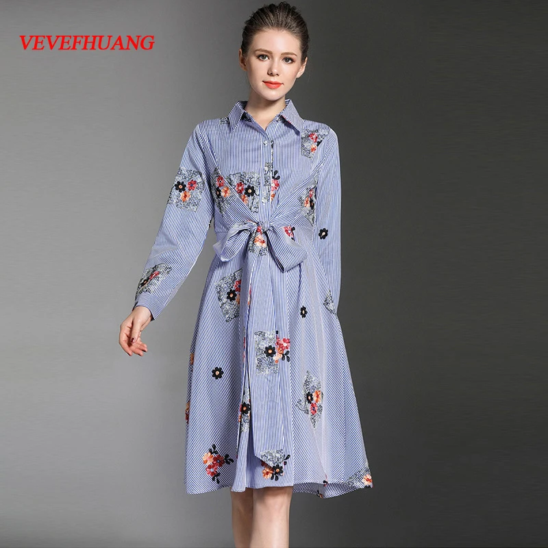 

NEW Autumn New Woman Shirt Dress Floral Embroidered Blue Striped Cross Casual Midi Dress