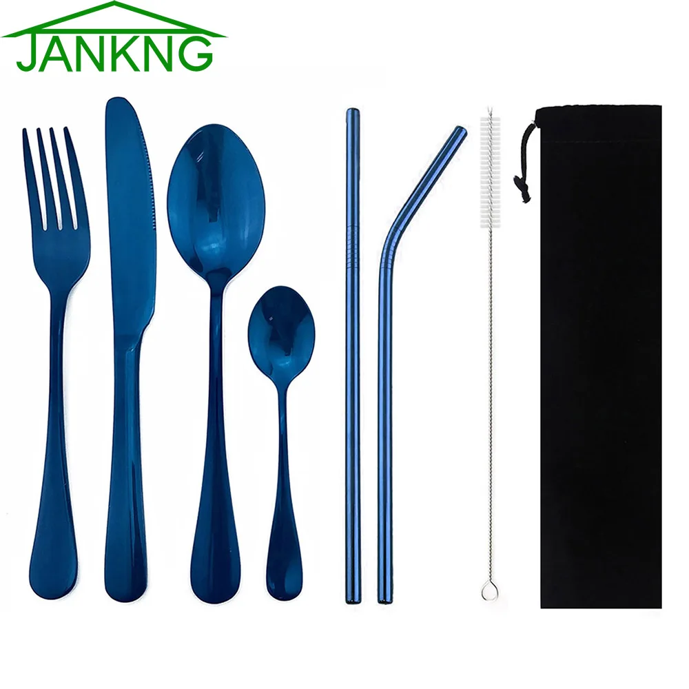 JANKNG Light портативная зеркальная синяя столовая посуда набор столовых приборов из