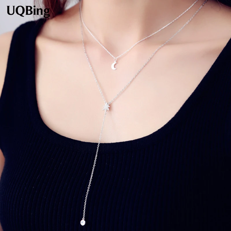 

925 Sterling Silver Double Chain Necklace Full Crystal Rhinestone Maple Leaf With Moon Pendant Necklaces For Women Jewelry