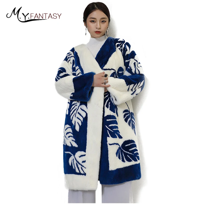  M.Y.FANSTY 2017 Winter Women's Mink Coat Natural Fur Real Fur 3D Print Geometric Patchwork Coat Lon