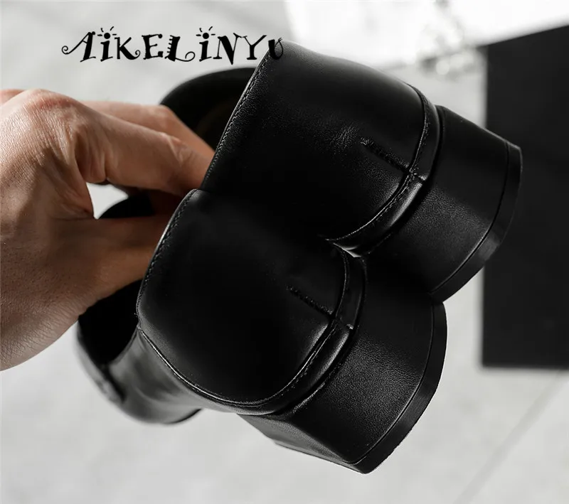 AAIKELINYU Новые женские туфли-лодочки коровья кожа мода металлической цепью удобные Обувь на квадратном каблуке, без шнуровки, на Повседневное ручной работы; женские туфли-лодочки