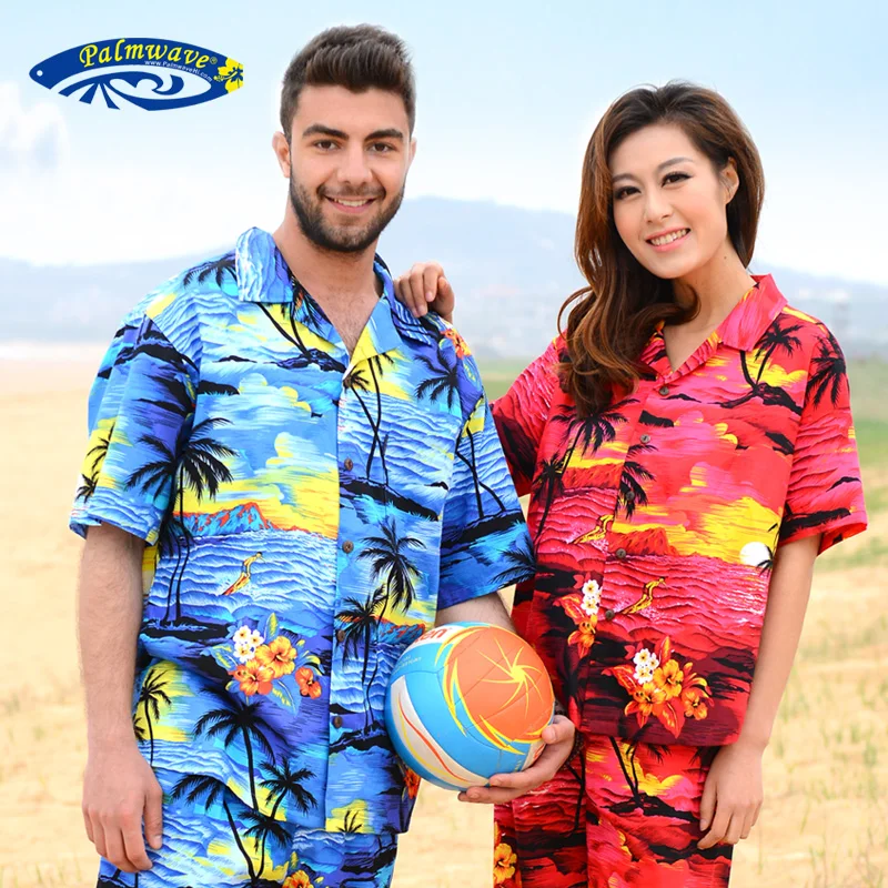Гавайская рубашка Aloha V25 Мужская красная пляжная блузка в стиле кэжуал С закатом
